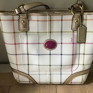Coach Tote Bag, Tatersall, EUC